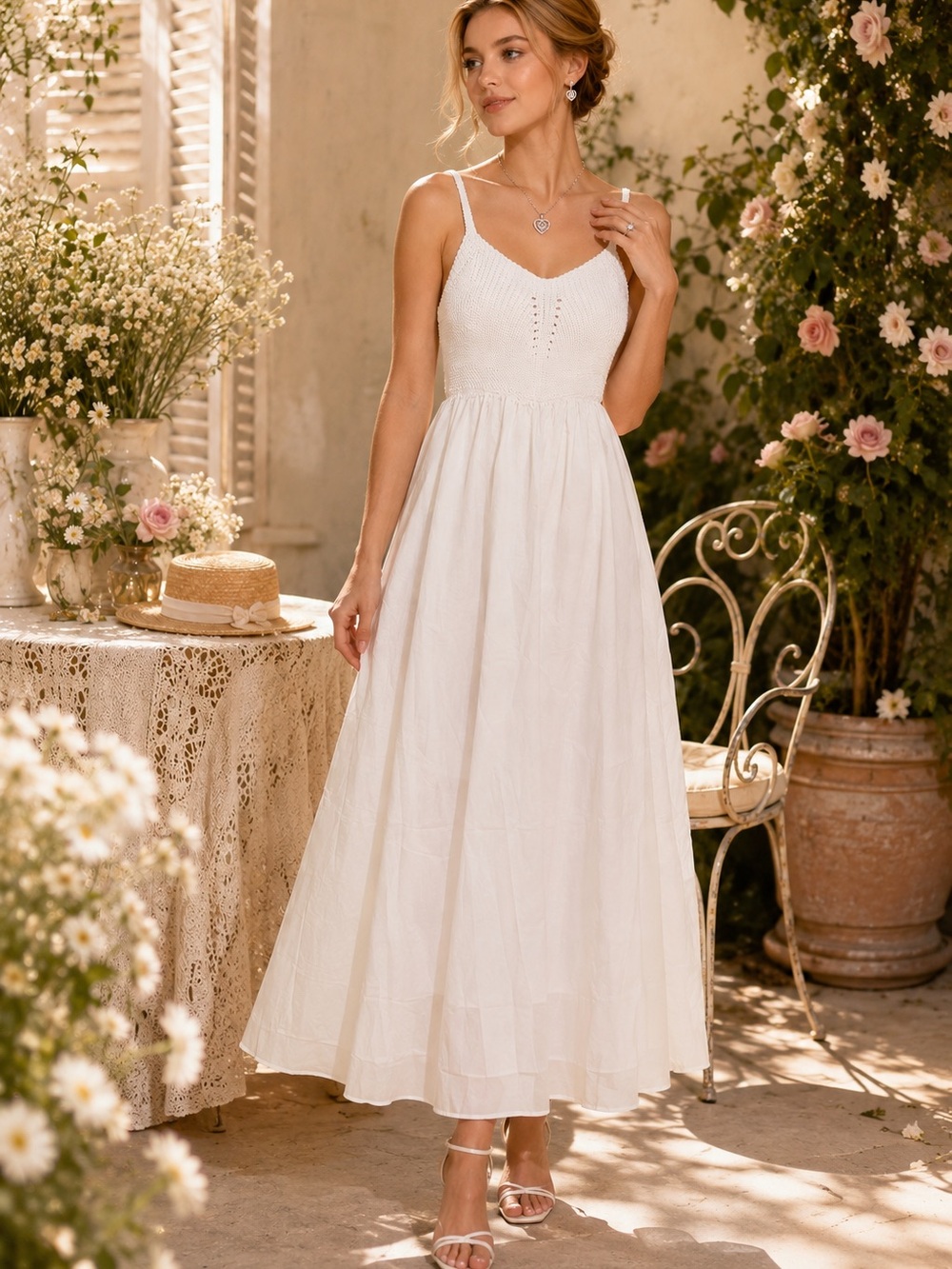 English Factory White Smocked Bodice Maxi Dress with Spaghetti Straps